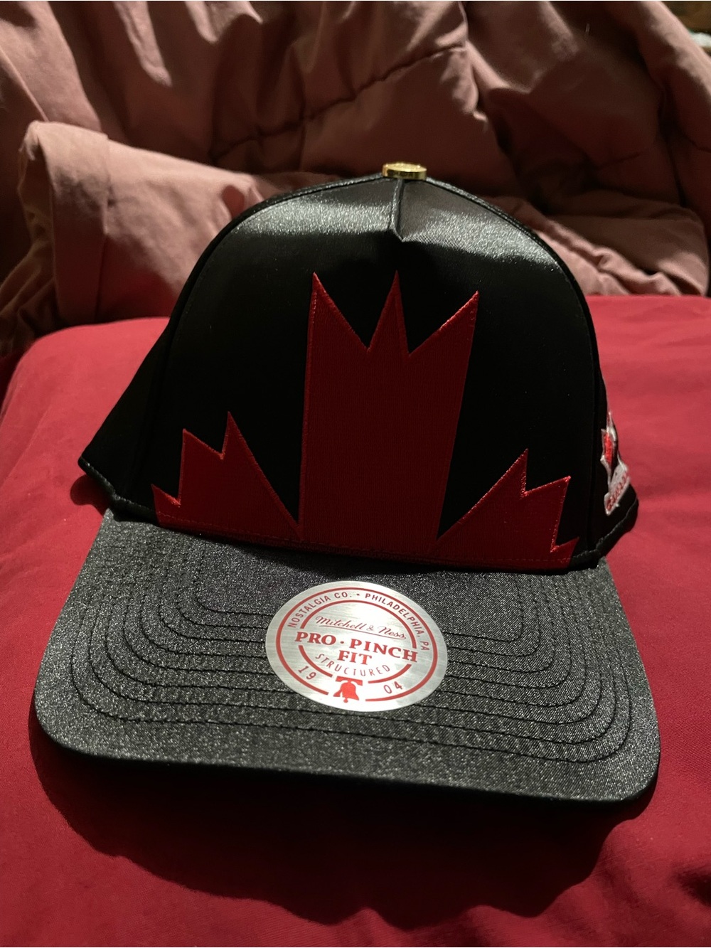 Mitchell & Ness Black and Red Canadian Maple Snapback Hat